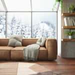 Winter Concept Living Room with Snow View. 3d Render